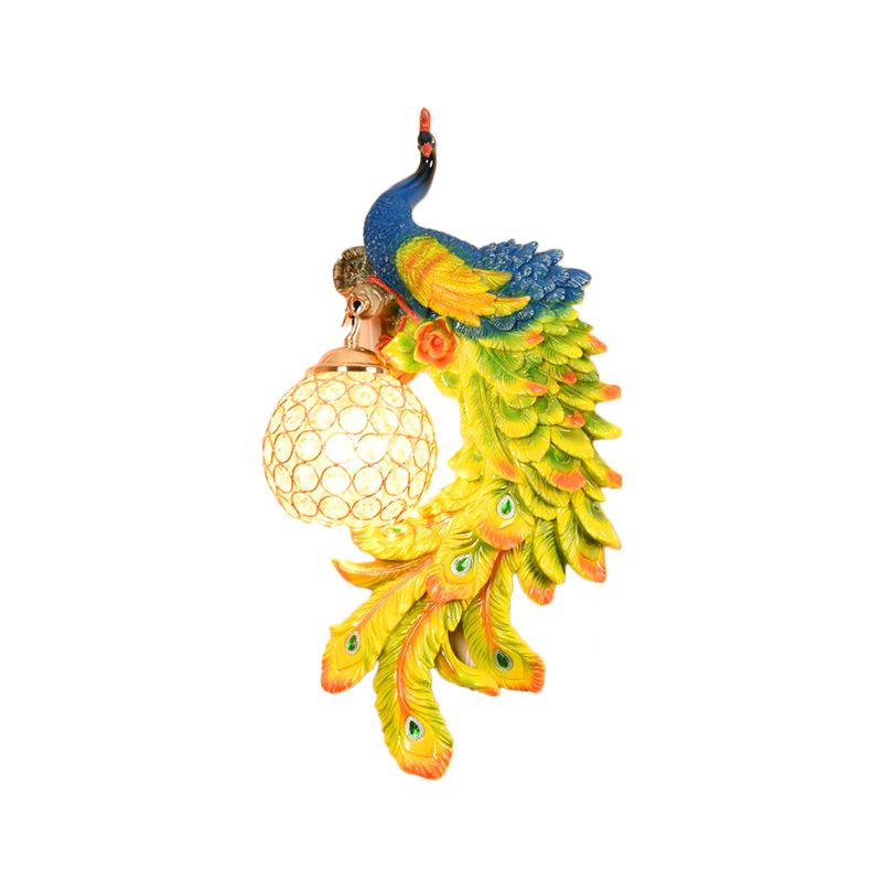 Double/Right/Left Peacock Wall Lamp Country Resin 1 Bulb Sconce Light Fixture with Clear Crystal Shade in White/Blue Finish, 1/2-Pack