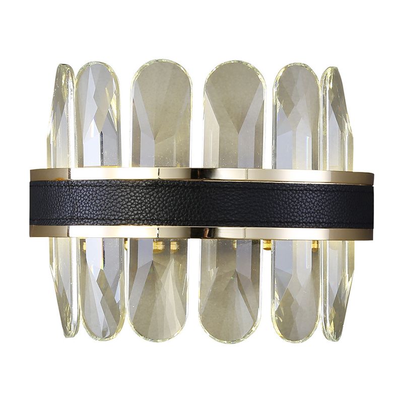 Clear Rectangle-Cut Crystal Half Cylinder Sconce Contemporary LED Wall Mounted Lighting in Black for Bedside