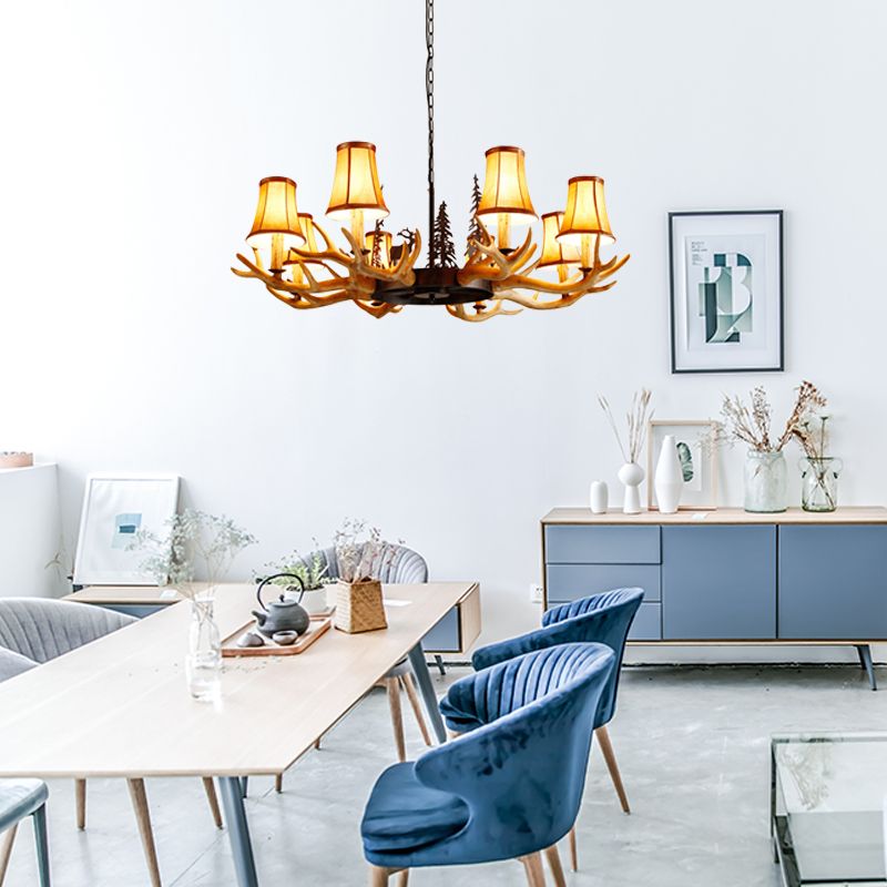 Coffee Paneled Bell Pendant Chandelier Rural Resin 8 Heads Dining Room Hanging Ceiling Light with Pine Tree Element