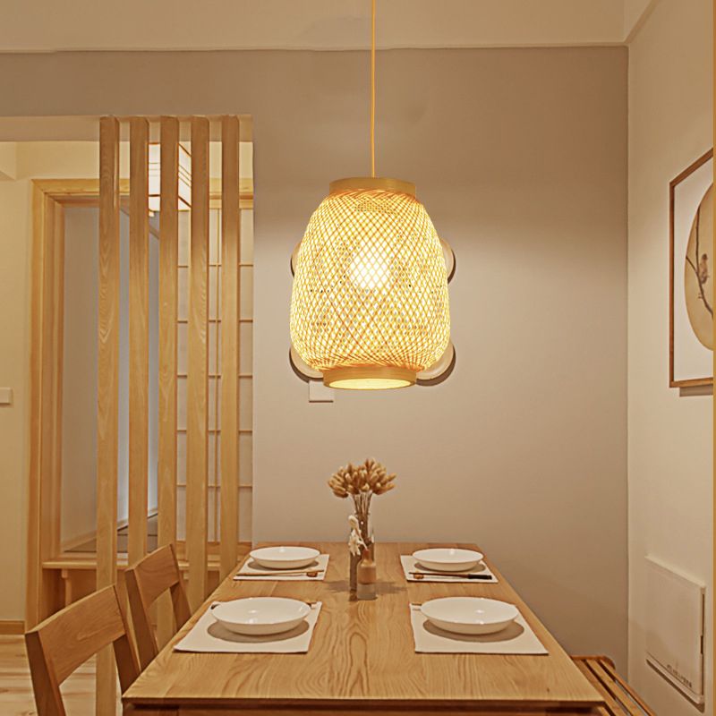 Wood Lantern Pendant Lighting Traditionary Bamboo 1 Bulb Hanging Lamp Kit for Teahouse