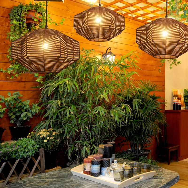 Brown Lantern Pendant Lighting Traditionary Rattan 1 Bulb Hanging Lamp Kit for Restaurant