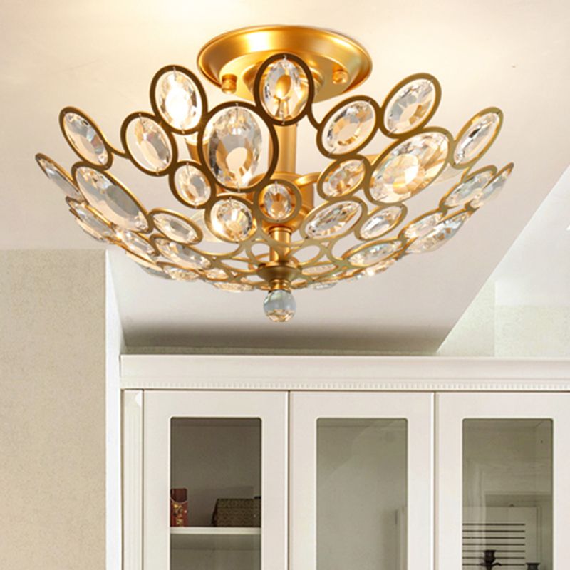 3-Bulb Clear Faceted Crystal Flushmount Retro Silver/Gold Bubble Ring Kitchen Semi Flush Chandelier Lighting