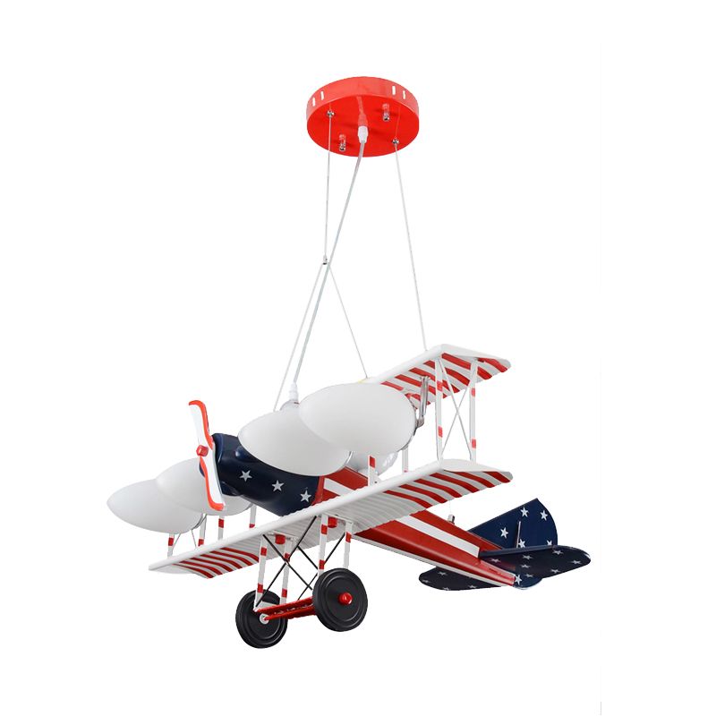 Rot gestreifte Flugzeug Anhänger Kronleuchter Kinder 5 Lampen -Metall -Hang -Lampen -Kit mit ovalem Opal Mattglas Schatten