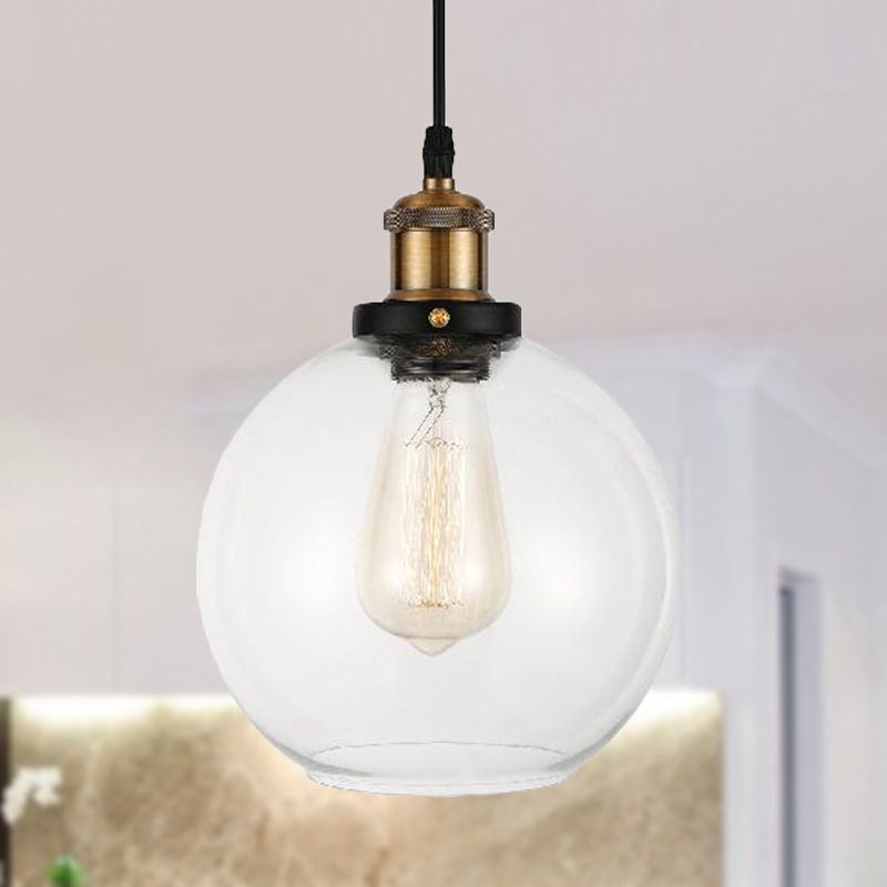 Luz de colgante colgante de globo de vidrio transparente con lámpara de suspensión industrial de cordón ajustable en latón