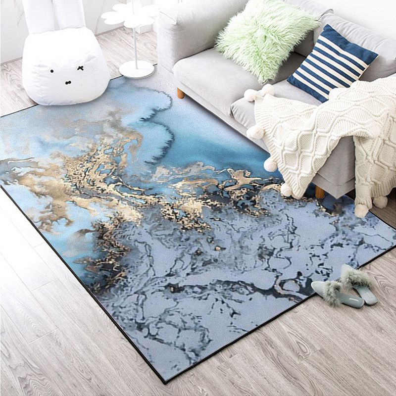 Unique Watercolor Pattern Rug Blue and Grey Modern Rug Polyester Washable Non-Slip Backing Area Rug for Living Room