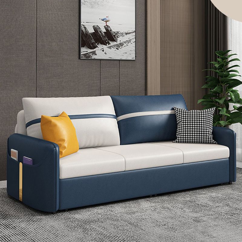 Square Arm Contemporary Convertible Faux Leather Couch Bed with 2 Pillows