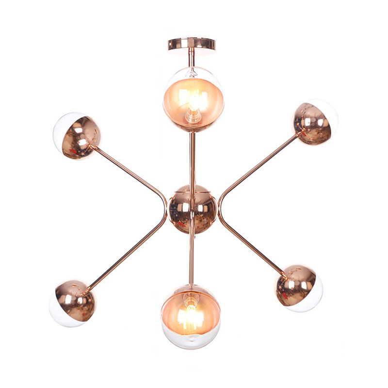 6 Lights Bedroom Hanging Ceiling Lamp Contemporary Rose Gold LED Chandelier with Modo Amber Glass Shade
