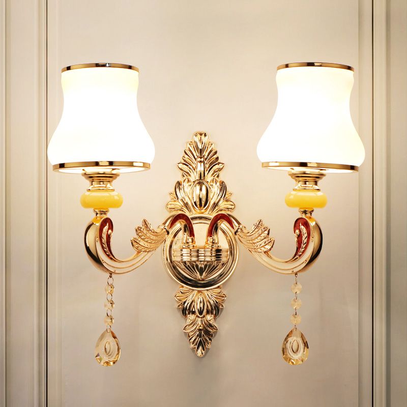 Frosted Glass Flower Wall Mount Light Traditional Corridor Wall Light Fixture with Crystal Draping in Gold