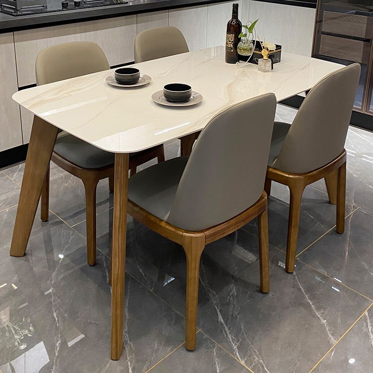 Modern Rectangle Dining Table Sintered Stone Dinner Table with Wooden Legs