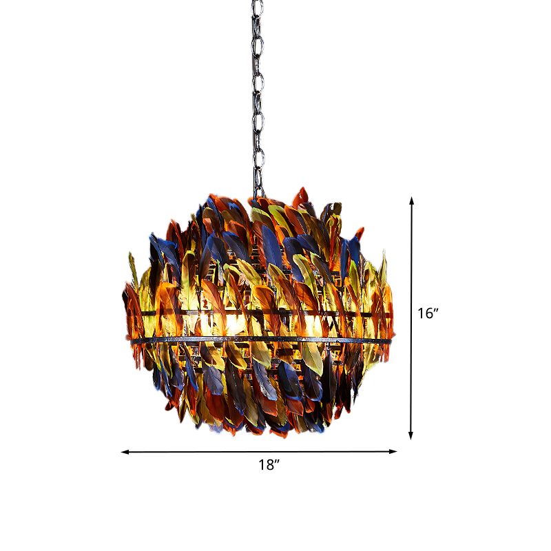 Iron Blue Ceiling Chandelier Globe Cage 4-Light Industrial Suspension Lamp with Multi-Color Feather Deco