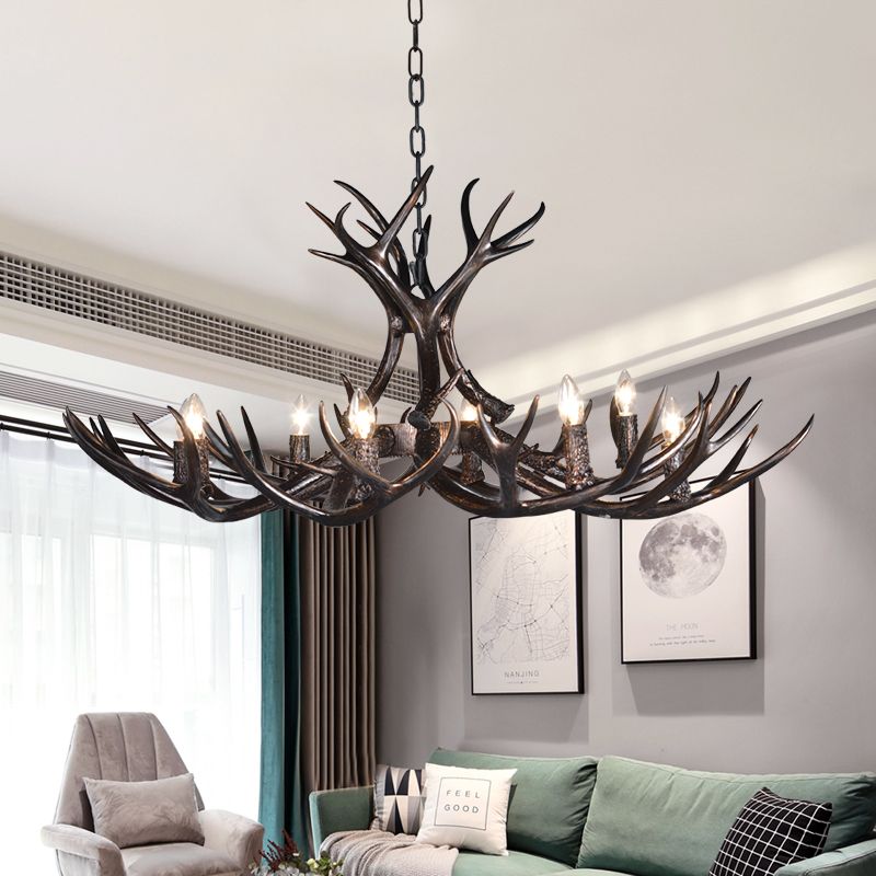 3/5/6 Heads Resin Chandelier Vintage Style Black Candelabra Living Room Pendant Light with Adjustable Chain