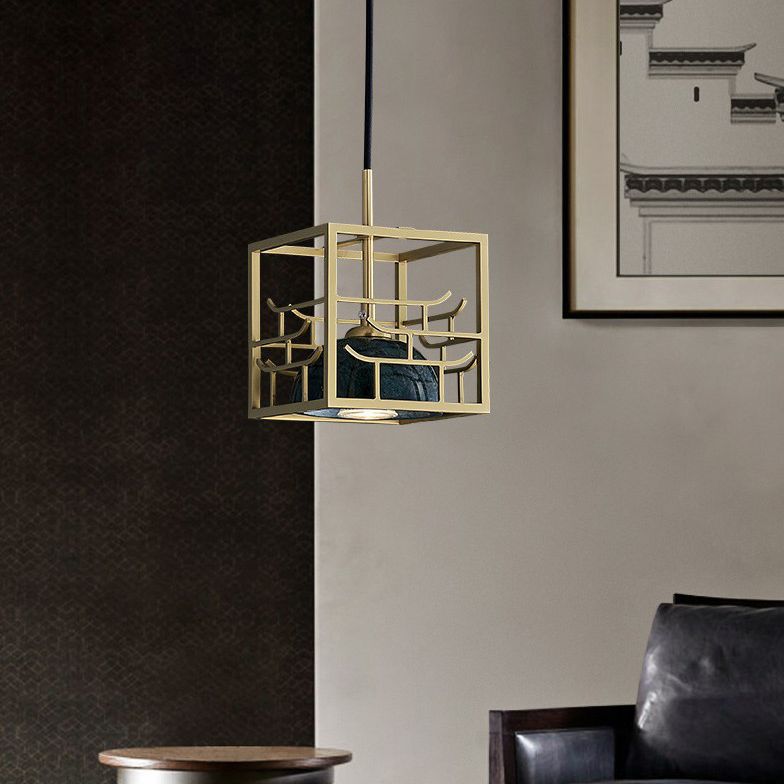Blackish Green Shade Pendant Light Retro Nordic 1-Light Marble Hanging Light with Gold Cage