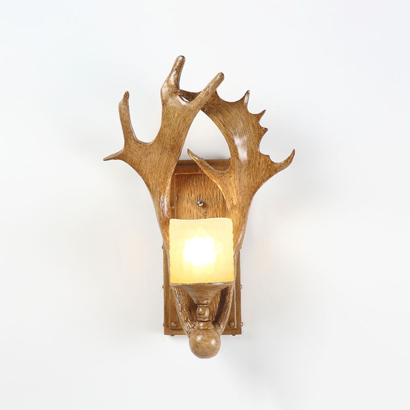 Antler Resin Wall Mount Light Retro 1-Light Study Room Wall Lighting with Frosted Glass Shade in Brown