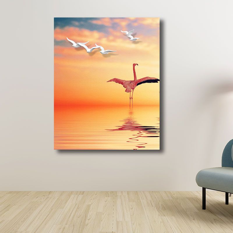 Tropical Flamingo and Seagull Canvas Orange Decorative Art Print for Living Room