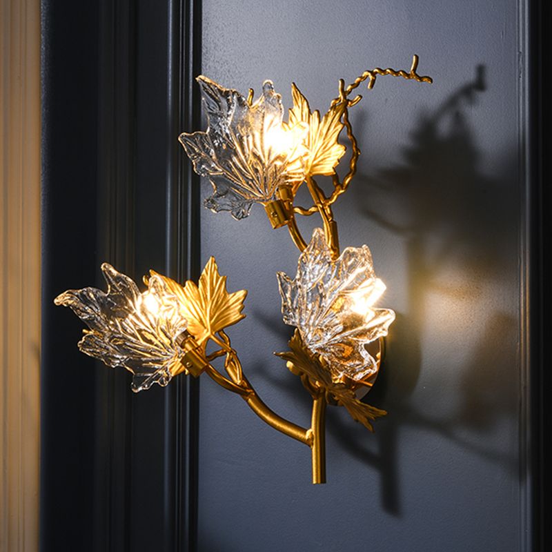 Colonialist Maple Leaf Wall Lamp 3-Light Clear Textured Glass Sconce Wall Lighting in Gold for Bedroom