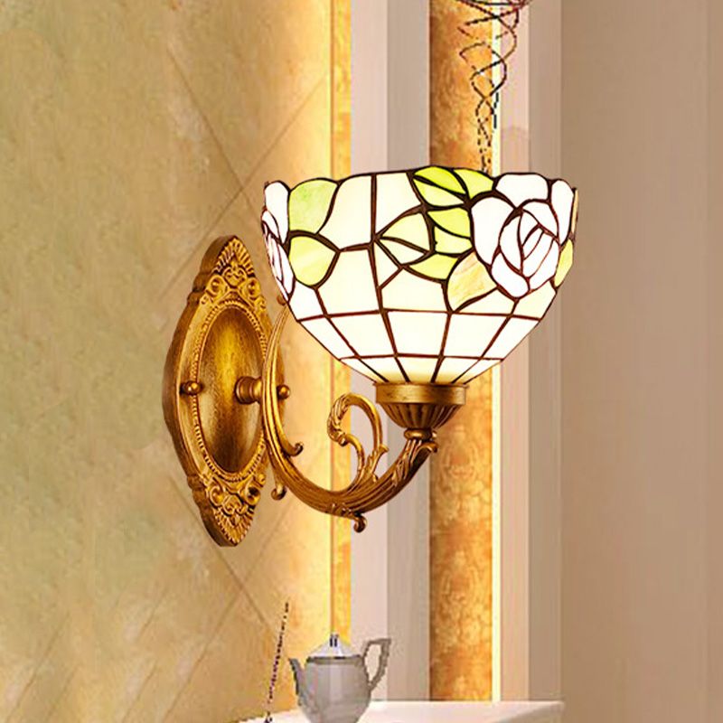 Grape/Blossom Vanity Lighting Fixture 1 Light Stained Art Glass Victorian Sconce Light in Brass for Bathroom
