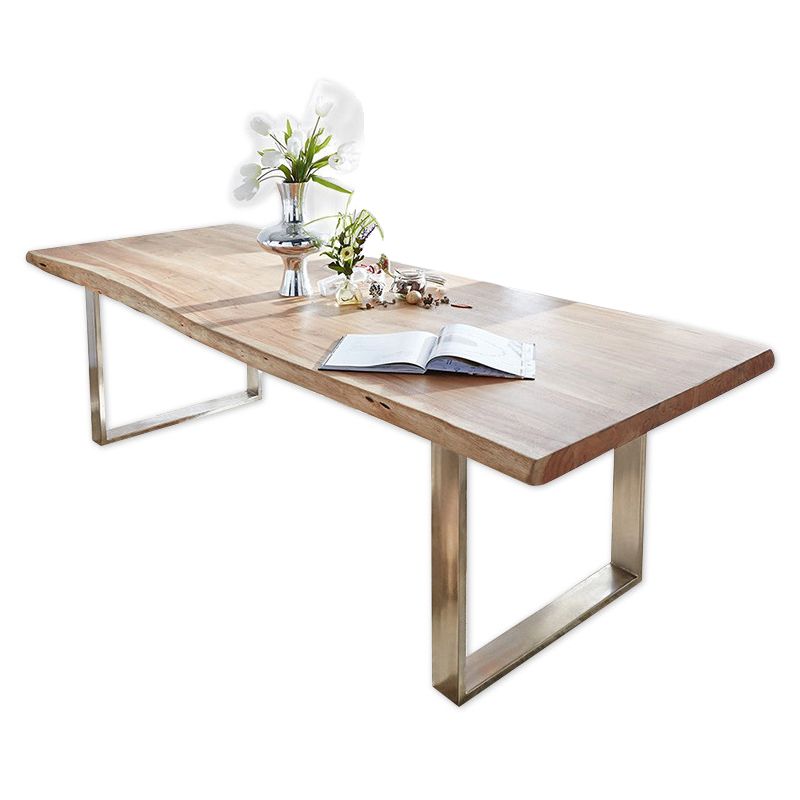 Rectangle Wood Color Dining Table Solid Wood Table Glam Style with Double Pedestal