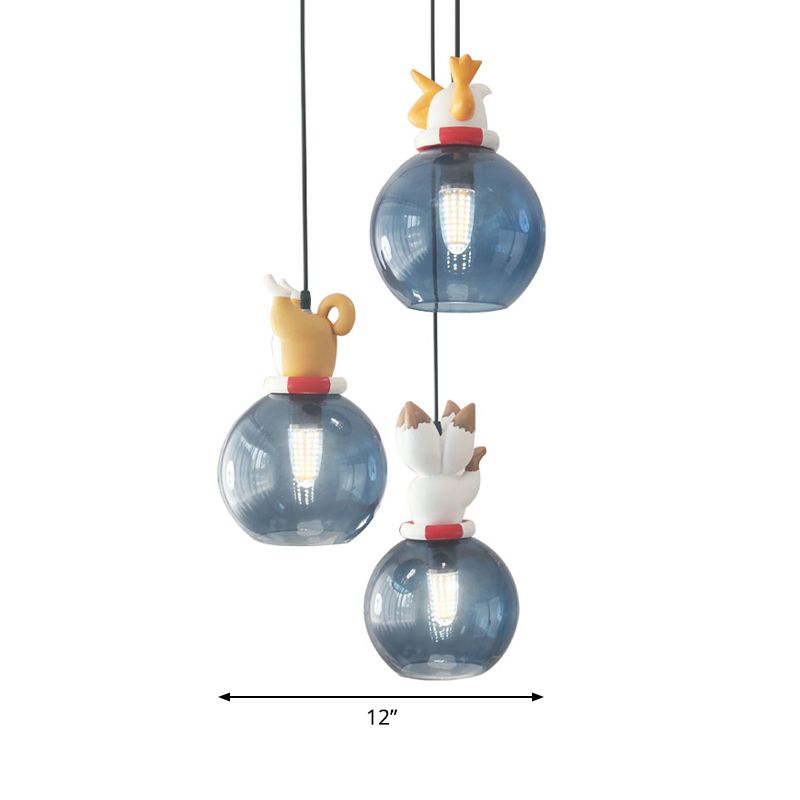 Cartoon Animals Resin Multi Pendant Light Kids 3 Heads Blue Hanging Ceiling Light for Bedroom
