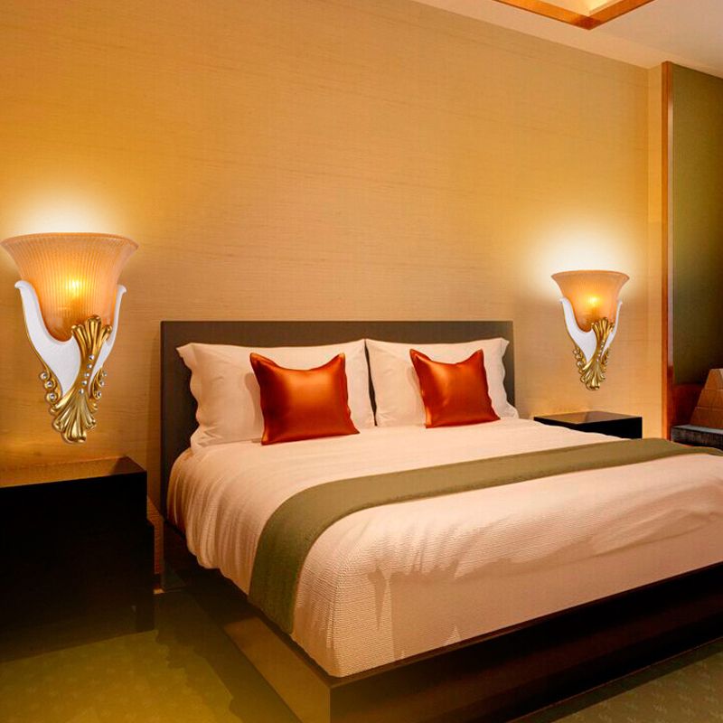 1 Light Ribbed Glass Wall Light Vintage White/Yellow Bell Shaped Bedside Sconce Light, 9.5"/13" Wide