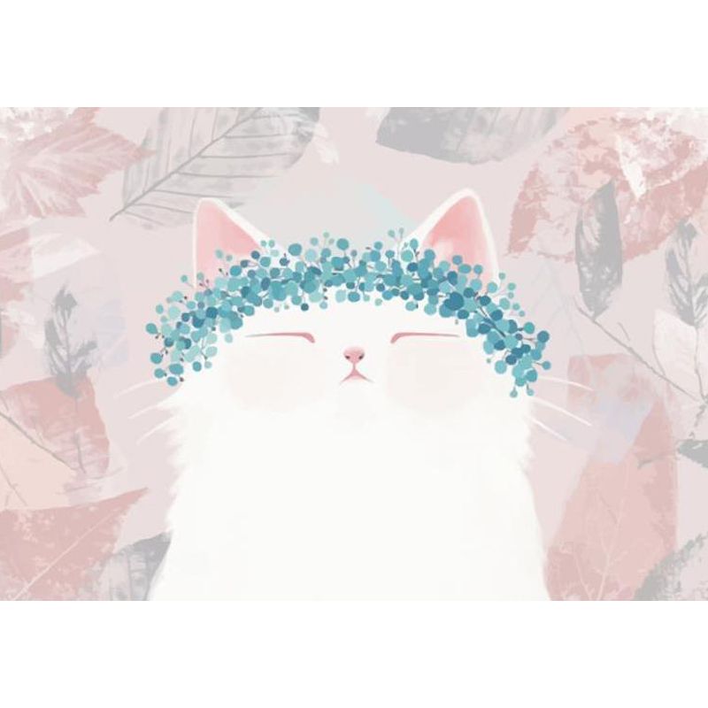 Kawaii Kitten with Wreath Mural for Girls Bedroom Animal Wall Covering, Customized