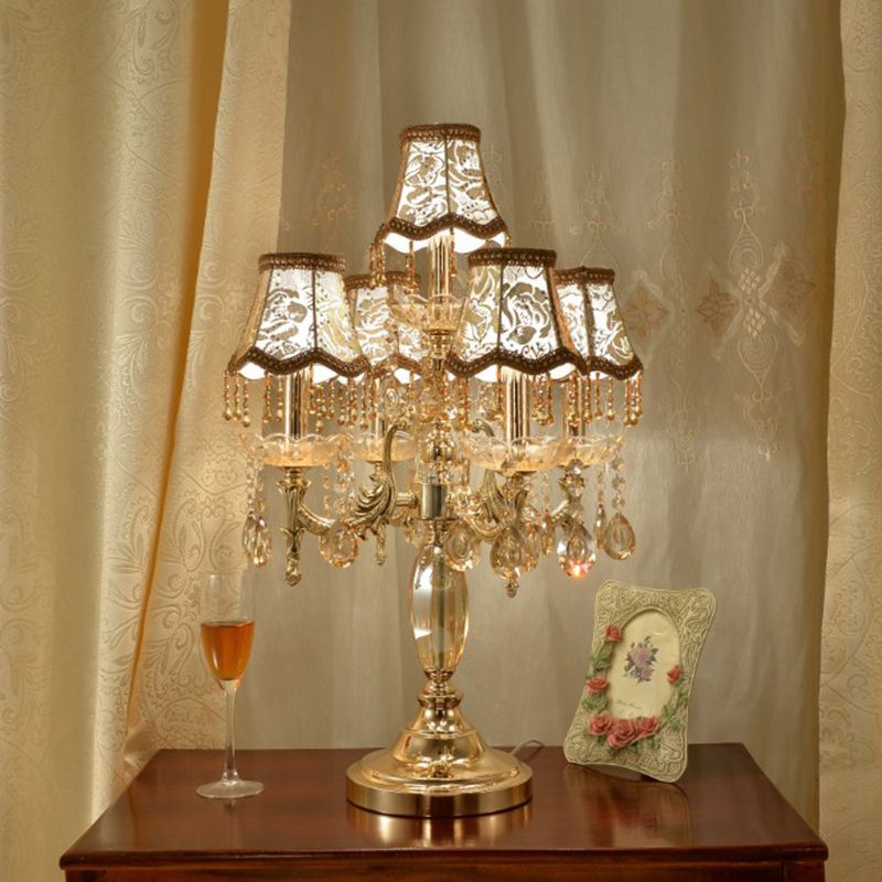5 Heads Candle Nightstand Lamp Traditional Gold Crystal Draping Table Light with Peony-Patterned Shade