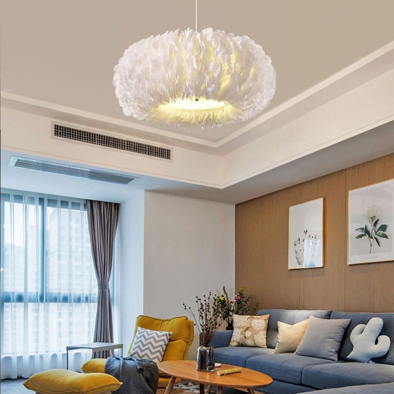 Drum Chandelier Light Fixture Modern Simplicity Feather Shade Pendant Lighting for Restaurant