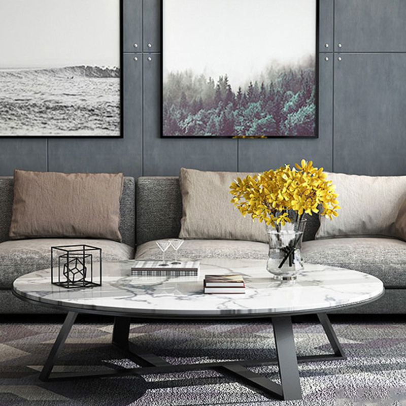 Oval Marble Top Coffee Table with Iron Cross Base Cocktail Table in White