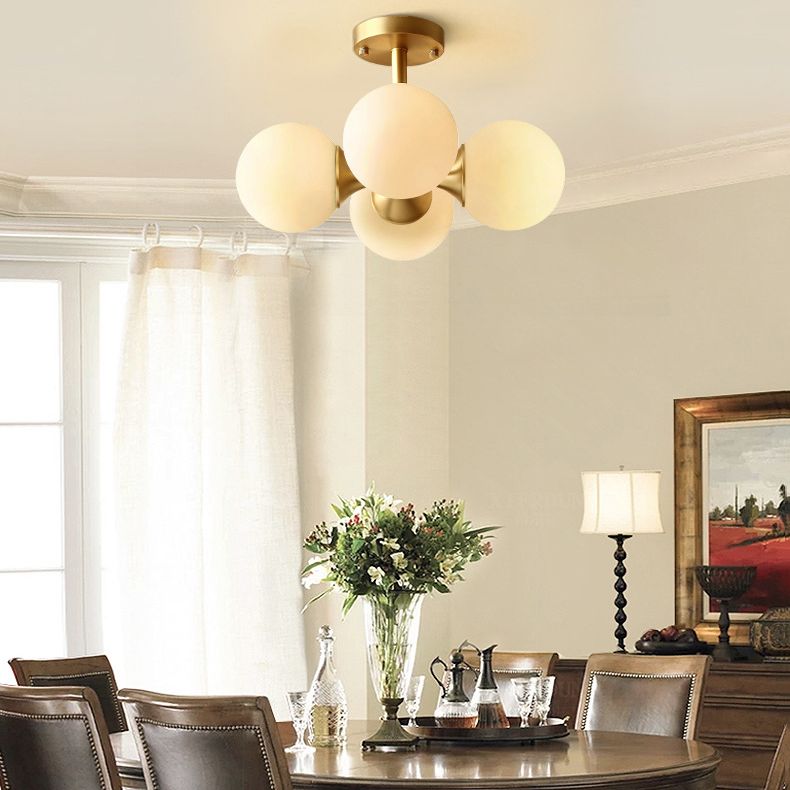 4-Lights White Globe Glass Ceiling Light 16.5" Wide Nordic Style Minimalism Brass Semi Flush Mount Lamp