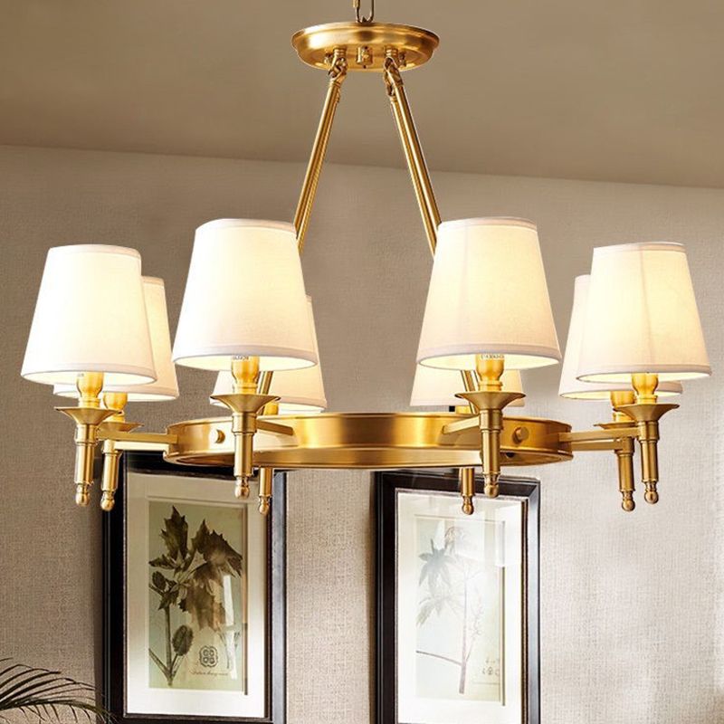 Post-Modern Wagon Wheel Hanging Chandelier Light White Linen Shade Ceiling Chandelier in Gold for Dining Table