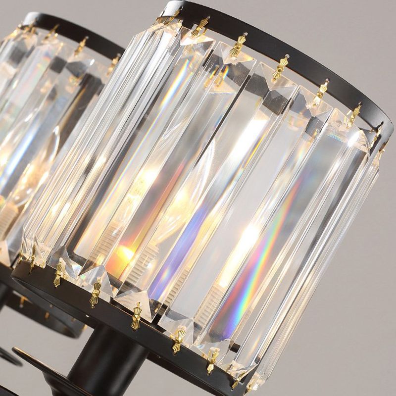Cylinder Clear Ribbed Glass Chandelier Light Traditional 3/6 Lights Living Room Pendant Lighting in Black with Sputnik Design
