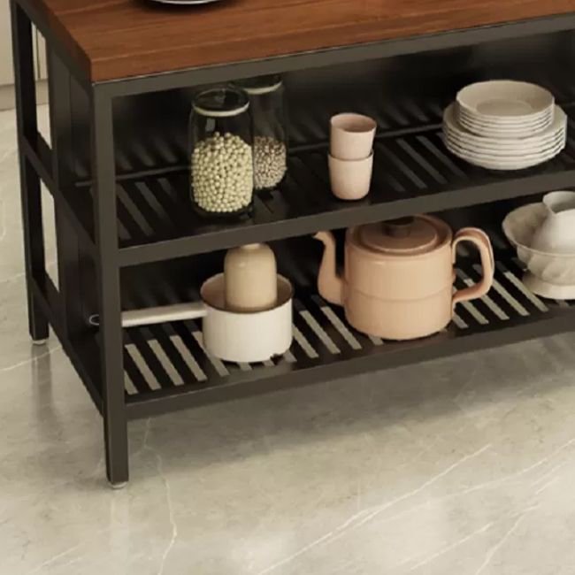 Stationary Industrial Kitchen Island Solid Wood Kitchen Island Table with Shelves