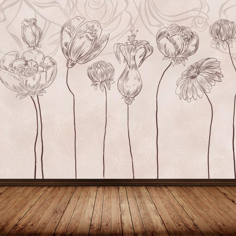 Pencil Drawing Flowers Wall Mural Pink Modern Style Walll Art for House Interior