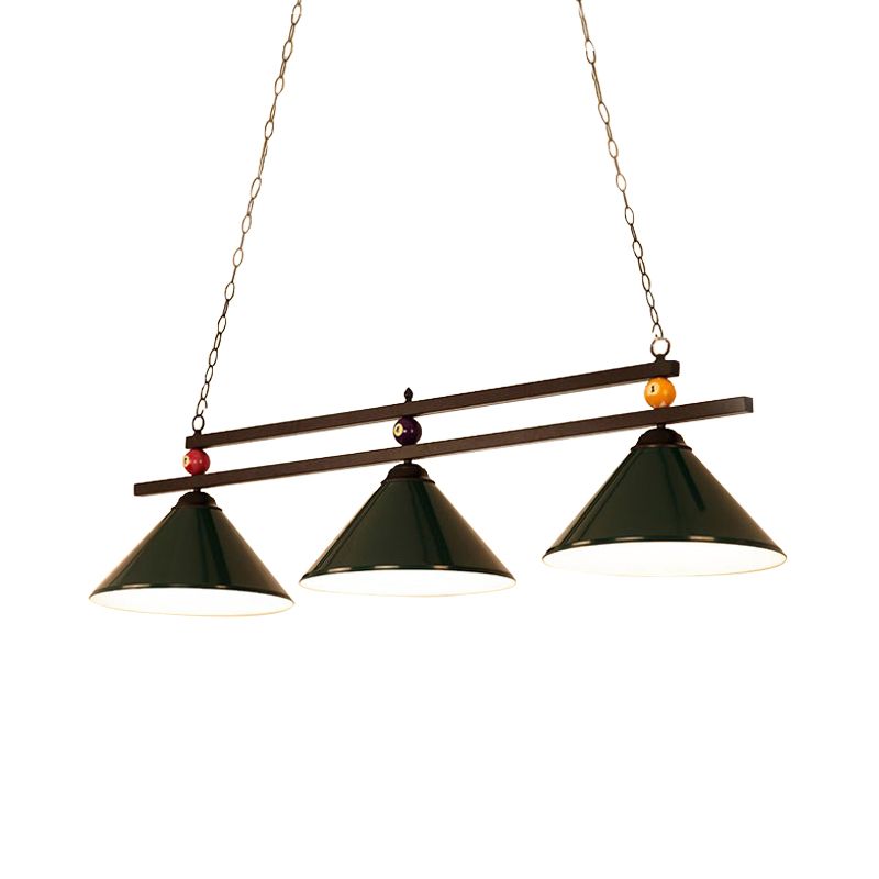 Industrial Style Cone Shade Ceiling Pendant 3 Heads Metal Island Lighting with Billiard Ball Deco in Black/Red