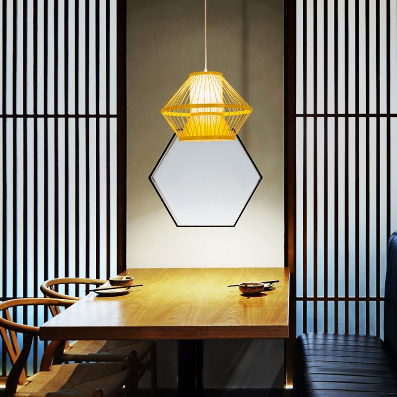 Bamboo Asia Pendant Light 1-Light Beige Geometric Hanging Ceiling Light