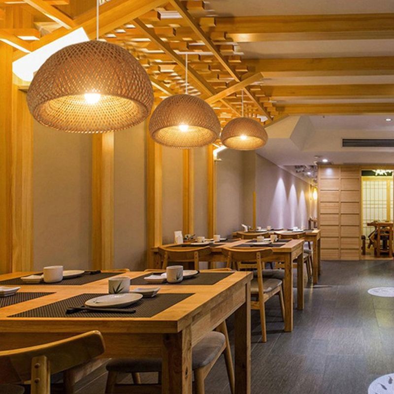 Asian Weaving Style Curved Drum Pendant Lighting Fixtures Rattan 1 Light Suspension Pendant