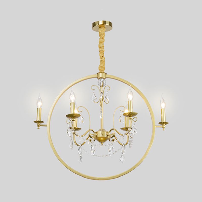 Metallic Golden Ceiling Pendant Circular 6/8-Head Colonial Style Chandelier Light with Crystal Draping