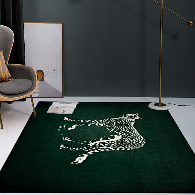 Dark Green Contemporary Rug Polyester Cheetah Print Rug Washable Non-Slip Backing Carpet for Living Room