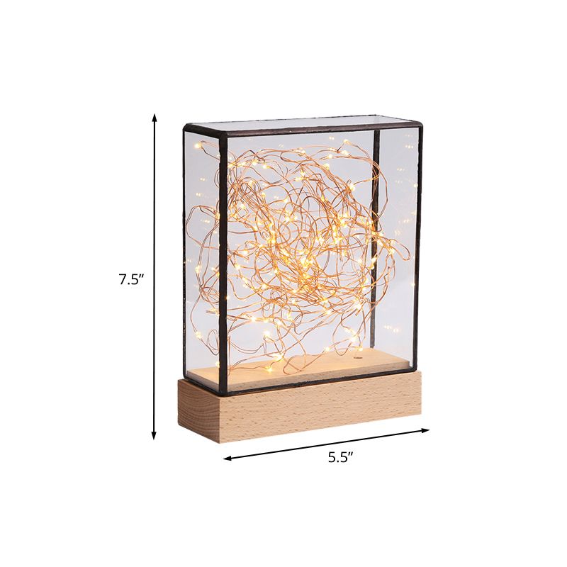 Niños Noche de vidrio transparente Noche USB Iluminación de mesa LED cargable en madera con oso rosa interior y cuerda