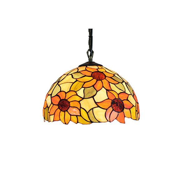 12"/16" Wide Domed Hanging Lamp Tiffany-Style 1 Bulb Black Hand Cut Glass Pendant Ceiling Light with Sunflower Pattern, A/B/C/D