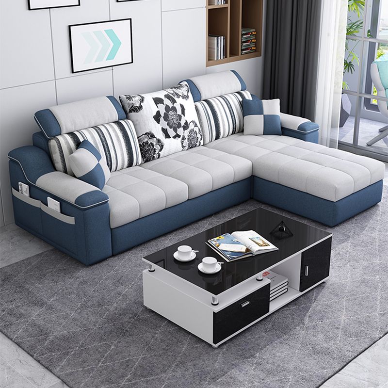 Pillow Top Linen Sofa & Chaise 31.5" H Loose Back Sofa in Grey and Blue