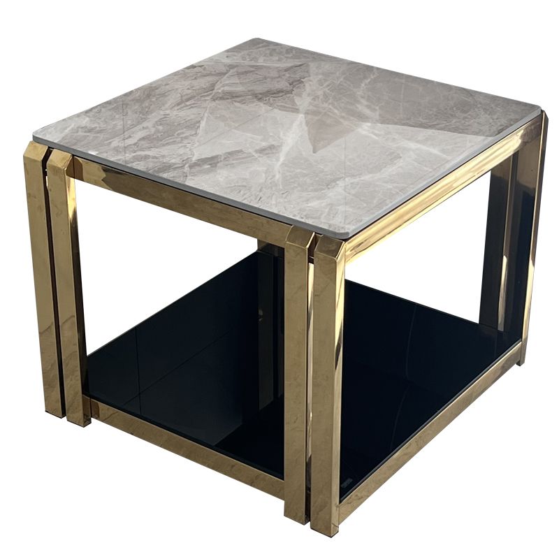 Stone Top End Table with Shelves Glam Frame Sofa Side Table for Living Room