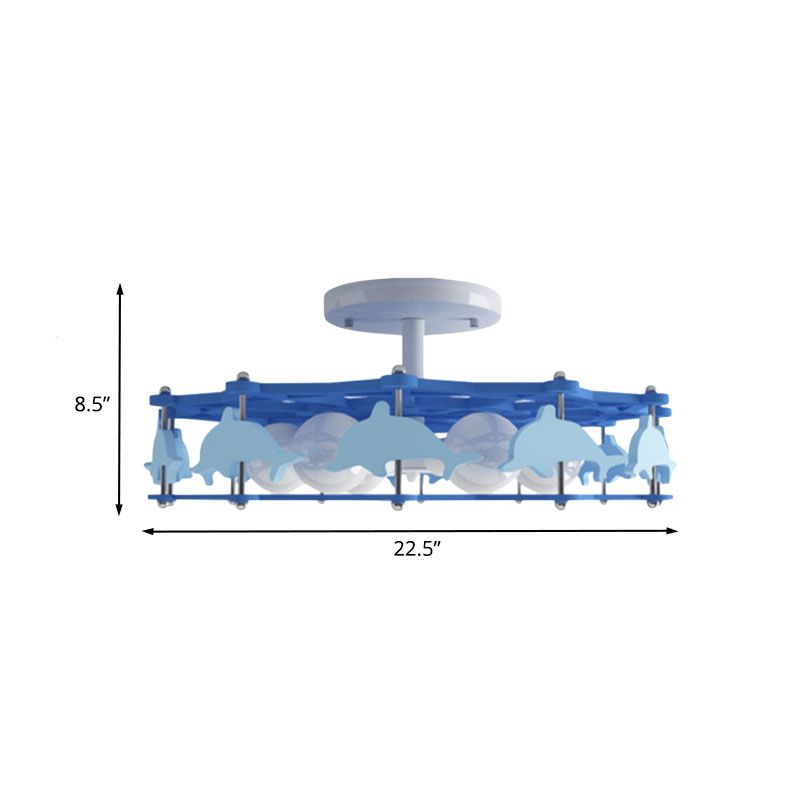 Dolphin Kindergarten Ceiling Light Metal 6 Bulbs Cartoon Semi Flush Mount Lighting in Blue