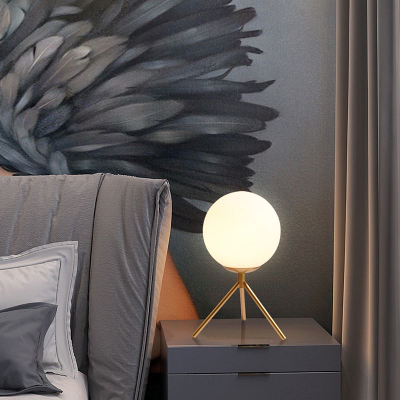 Opaline Glass Ball Night Lamp Nordic 1-Light Gold Table Light with Metal Rod Stand