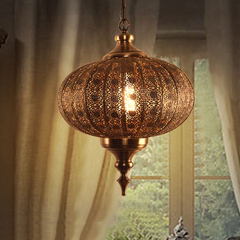Metallic Teardrop/Lantern Hanging Pendant Retro 1 Light Brass Exquisite Hollowed Ceiling Lamp, 16"/18"/19.5" Wide