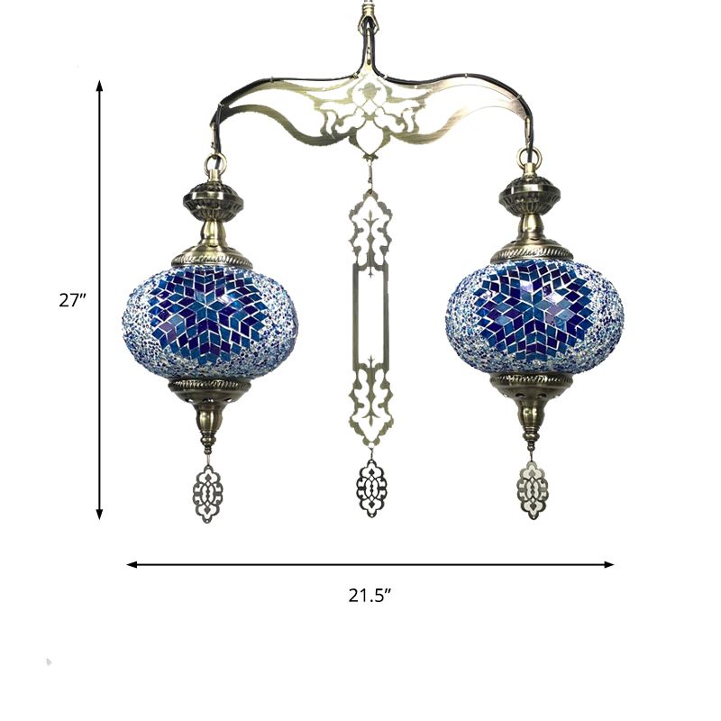 Global Chandelier Lamp Traditional 2 Heads Red/Blue Glass Ceiling Pendant Light for Hallway