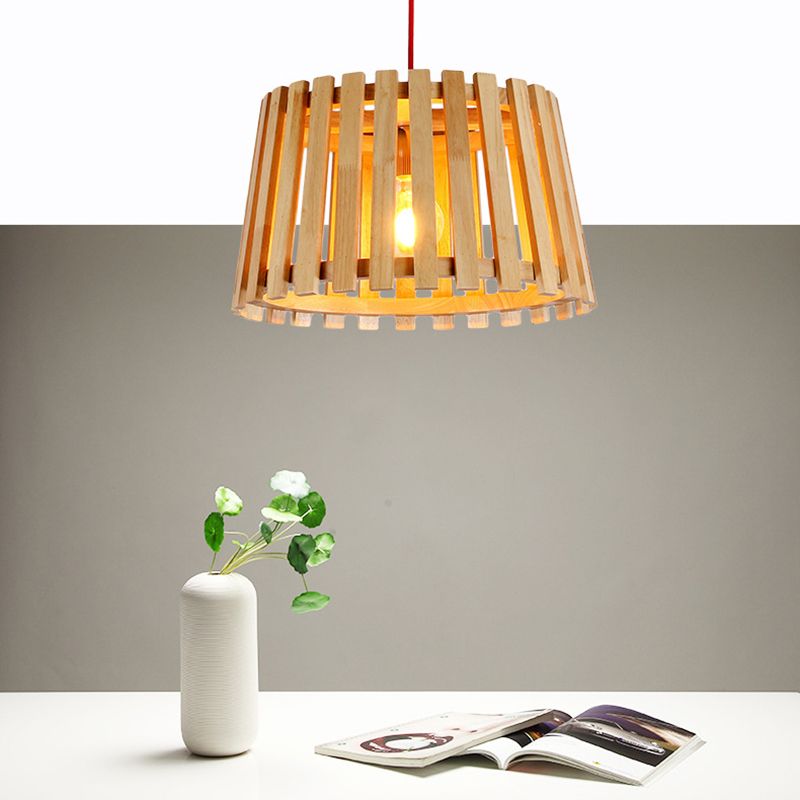 Luz de colgante colgante de tambor de madera contemporánea de 1 luz de techo en beige para dormitorio