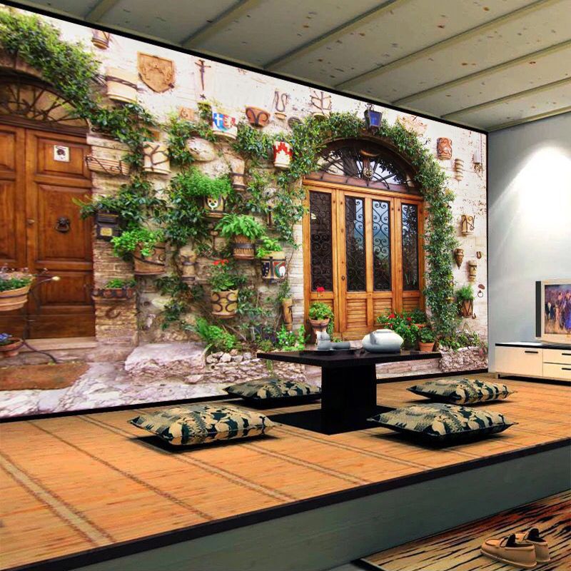 Brown Door and Street Mural Wallpaper Water-Resistant Wall Decor for Coffee Shop