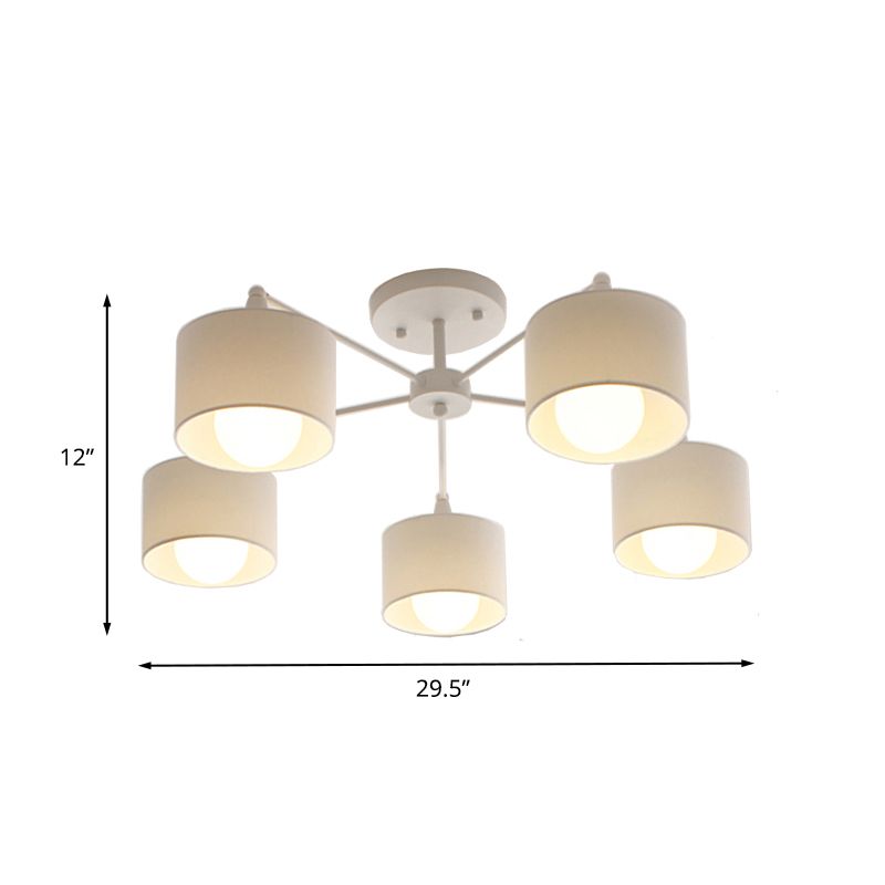 Korte cilinder semi -spoelmount lamp Noordse stof 5 lampen slaapkamer plafondbevestiging kroonluchter in wit