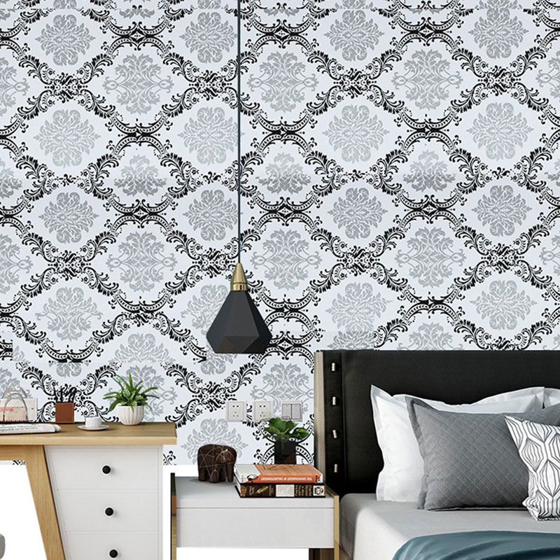 Black and White Damasque Wallpaper Water-Resistant Wall Covering for Living Room, Self-Adhesive