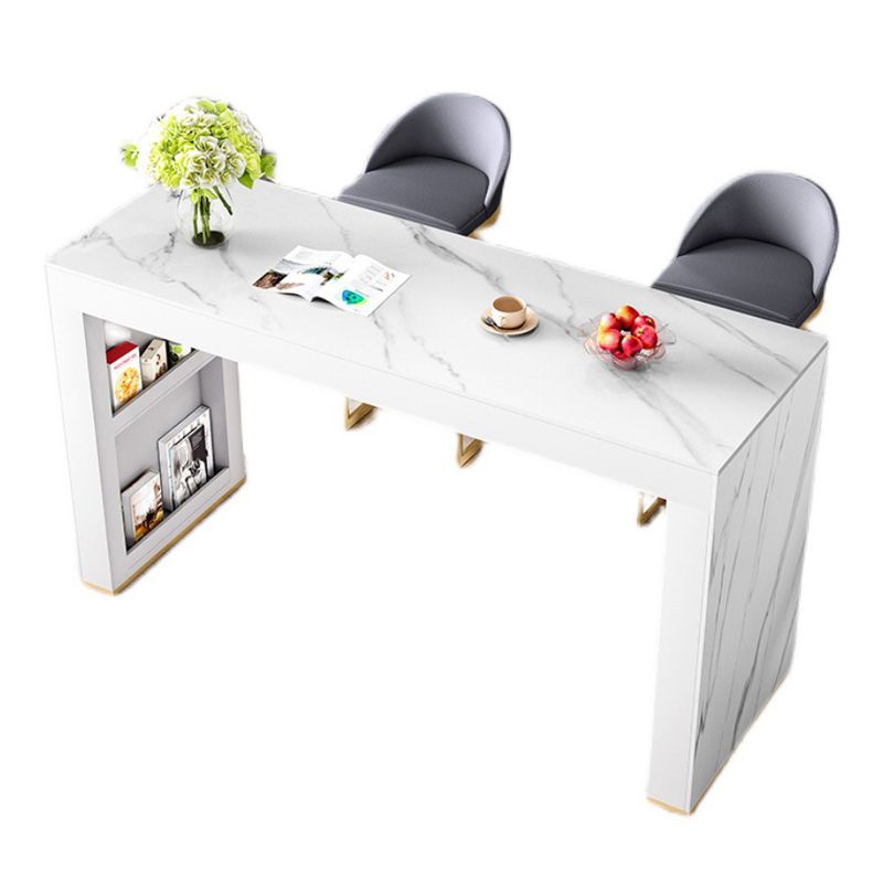 Glossy White Stone Bistro Table with Double Pedestal Contemporary Pub Table for Home